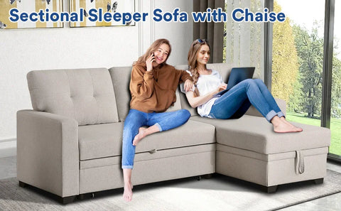 L Shaped Chaise Couch with Storage and Pull Out Bed Multifunctional Comfy Sectional Sleeper Sofa, Beige