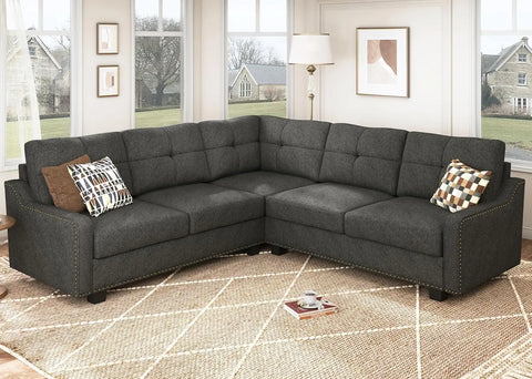 Living Room Sofa, Convertible Sectional L-shaped Sofa for Small Apartment Living Room, Velvet Black Reversible Sectional Sofa