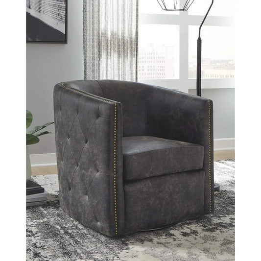 Brentlow Tufted Barrel Accent Swivel Chair, Distressed Black