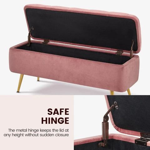 Ottoman 42 Inches Storage Bench with Storage Folding Polyester Boucle Foot Stool Bench Hinged Stool Footstool pink Bench