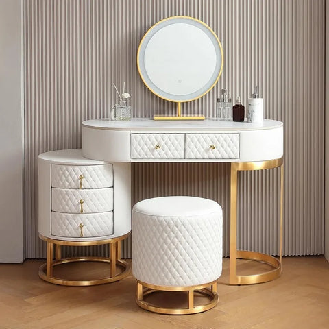 Luxury Faux Leather Vanity Desk with Mirror Makeup Table with Drawers & Vanity Stool