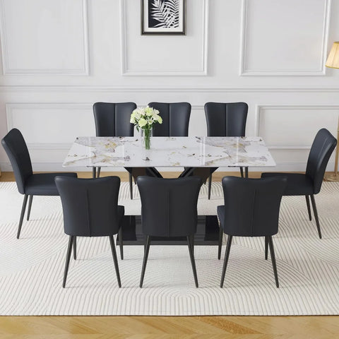 Modern Dining Room Table Set for 6, Faux Marble Kitchen Table and 6 PU Leather Chairs, 67” Rectangular Tempered Glass Table Set