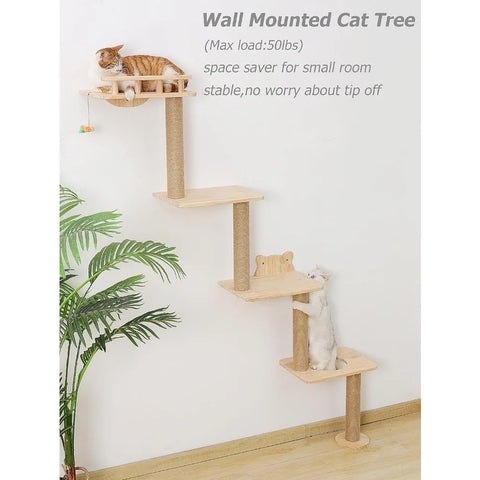 Cat Tree Wall Mounted with 4 Levels Cats Shelves, 73" Wood Cats Climbing Tower Indoor Cat Wall Shelve