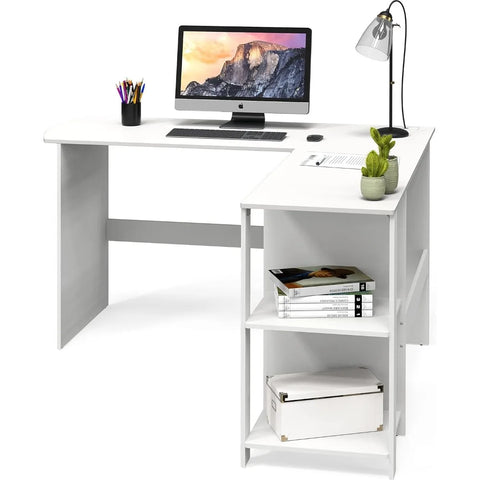 L-shaped home office, wooden corner desk, black computer desk