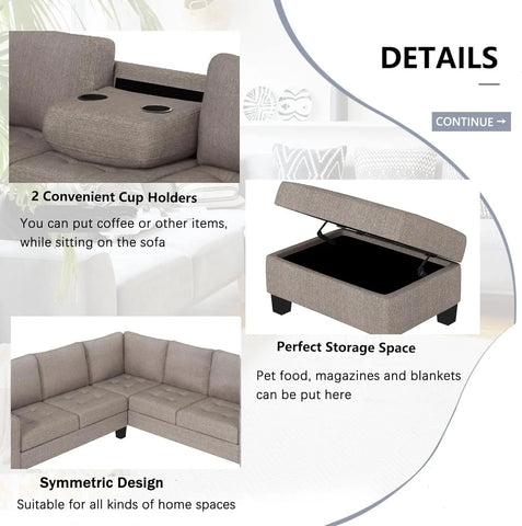 Sectional Sofa Couches with Reversible Chaise Storage Ottoman and Cup Holders, Sofa Lounge and Ottoman for Living Room Furniture