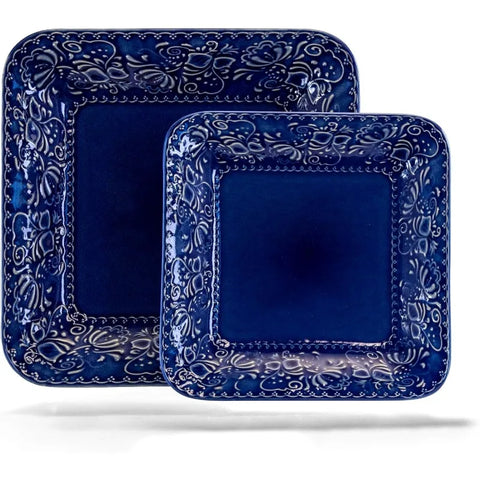 Contemporary Square Embossed Stoneware Dinnerware Dish Set, 16 Piece, Indigo Blue