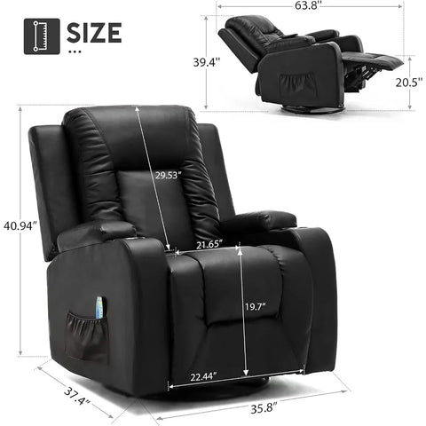 Recliner Chair, Leather Rocker with Heated Massage Ergonomic Lounge 360 Degree Swivel Single Sofa Seat Drink, Recliner Chair