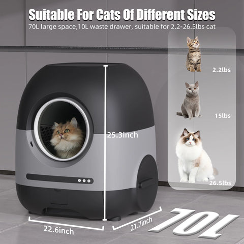 Smart Automatic Self-Cleaning Cat Litter Box with APP Control, 80L Space for Multiple Cats with Air Duct & Mat & Liner Health