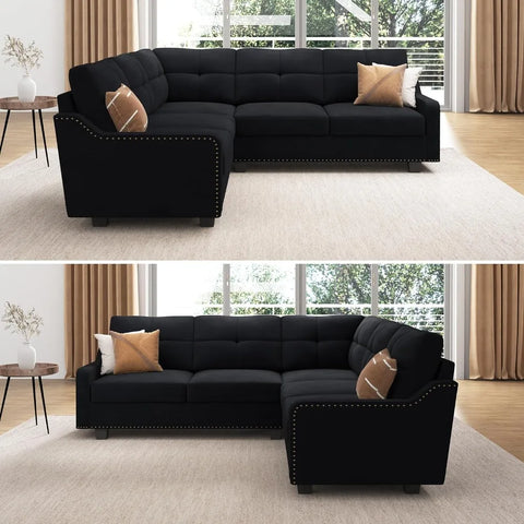 Living Room Sofa, Convertible Sectional L-shaped Sofa for Small Apartment Living Room, Velvet Black Reversible Sectional Sofa