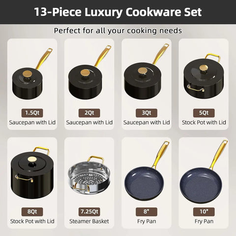 Nuwave Lux LE 13-Pc Cookware Set with Elegant Gold Handle, Diamond Infused Ceramic Non-Stick, PFAS Free, Premium Metal Lids,