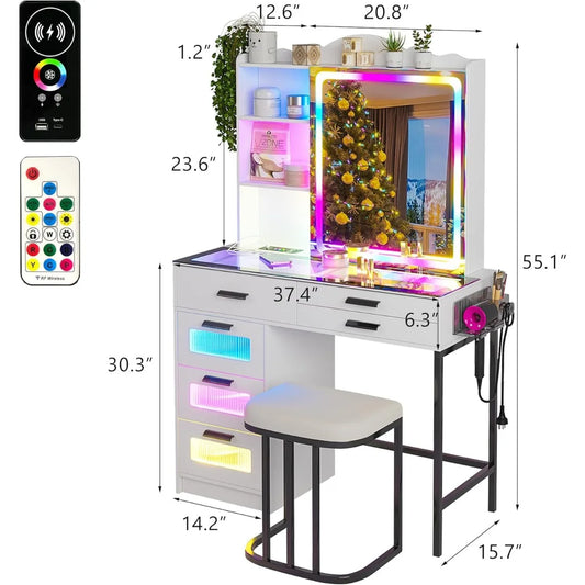 Vanity Desk with Sliding Mirror and Glass Desktop, LED Vanity Mirror with RGB Lights Desk and Chair, Dressers Vanity Table Set