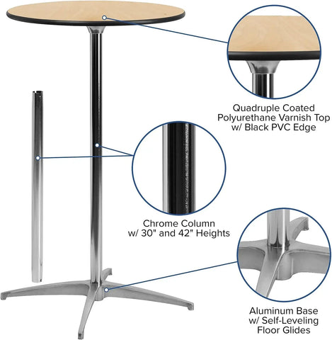 Furniture  36'' Round Wood Cocktail Table with 30'' and 42'' Columns, Adjustable Wood Bar Height Table for Events or Home Use