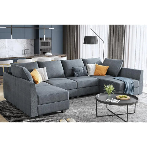 Couch, U-Shaped Modular Sectional Sofa, Sectional Couch with Storage Seats U Shape Sofa-2, Bluish Grey Sofa