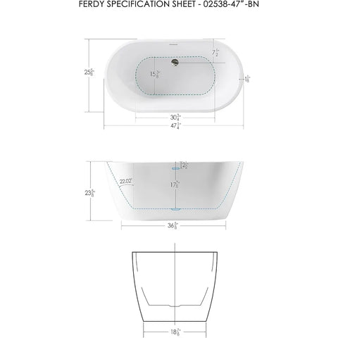 47" Bali Acrylic Freestanding Bathtub, Graceful Shape, cUPC, Toe-Tap Drain, Linear Overflow