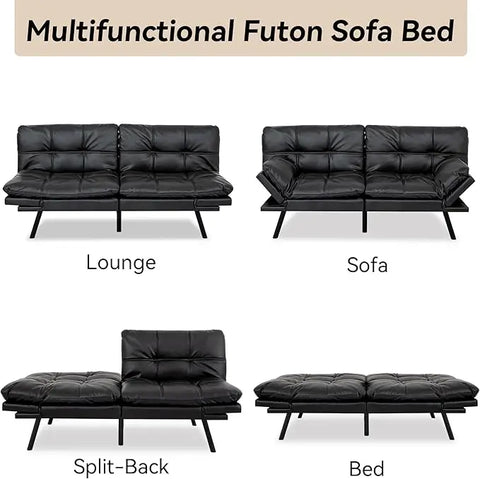 Convertible Futon Sofa Bed Sleeper Couch for Living Room, Modern PU Leather Upholstered Loveseat Sleeper w/Removable Armrests