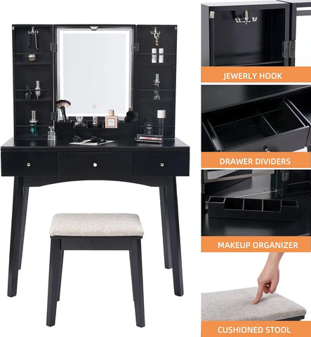 Makeup Vanity with Lights, Vanity Desk Black Vanity Set with 3 Color Lighting Modes Adjustable Brightness, Makeup Table