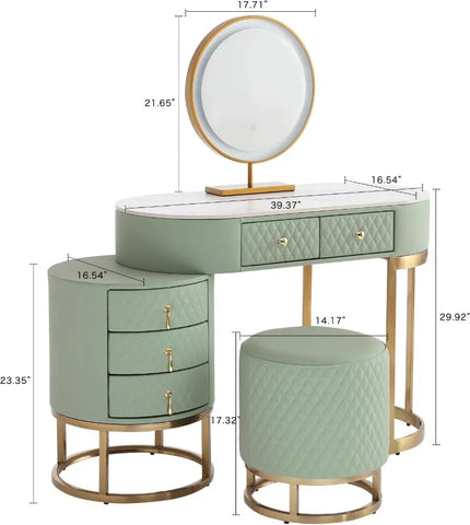 Luxury Faux Leather Vanity Desk with Mirror Makeup Table with Drawers & Vanity Stool