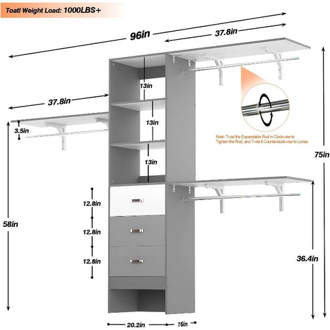 Armocity 96 Inches Closet System, 8FT Walk in Closet Organizer with 3 Shelving Towers, Heavy Duty Clothes Rack with 3 Drawers, B