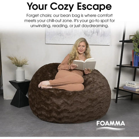 Foamma Faux Fur Bean Bag Chair, Brown - 5ft Plush Floor Chair Kids and Adults Washable Cover, Lounge Chair Stretchable Fabric