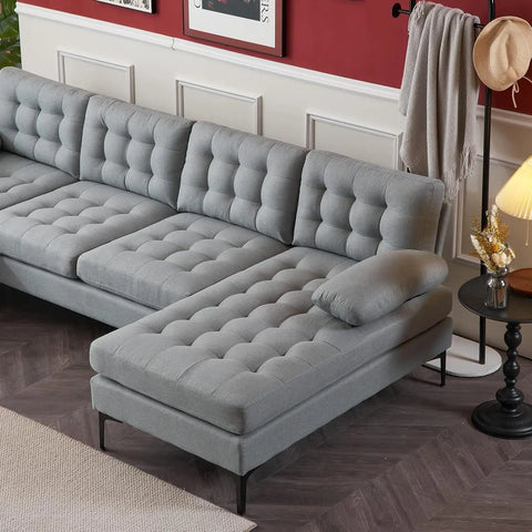 Sectional Sofa 110" U-Shape Sofa Couch Linen Fabric Upholstered with Double Chaises,Lattice Decorated,for Living Room, Apartment