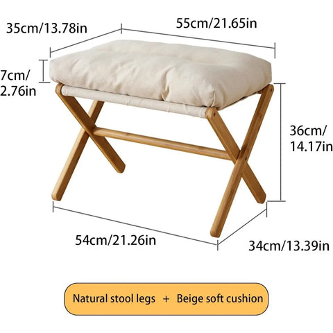 Folding Upholstered Footstool, Beige Footstool with Thick Cotton Padding and Bamboo X-shaped Legs, Modern Upholstered Ottoman