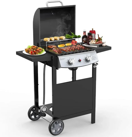 2 Burner BBQ Propane Gas Grill, Stainless Steel 20000 BTU, Equipped with 2 Sides Storage Shelves and 2 Wheels for Easy Mobility