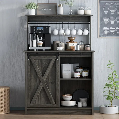 4ever2buy Farmhouse Coffee Bar Cabinet with 6 Hooks, White Coffee Bar with Storage, Kitchen Buffet Cabinet with Adjustable Shelv