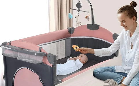 5 in 1 Baby Crib, Bedside Cribs, Pack and Play with Bassinet and Changing Table, Portable Travel Baby Playpen with Toys & Music