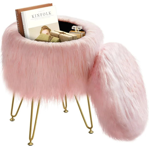 Stool and ottoman dressing chair with storage space, high round faux fur footstool with 4 gold legs, puffed chair dressing stool