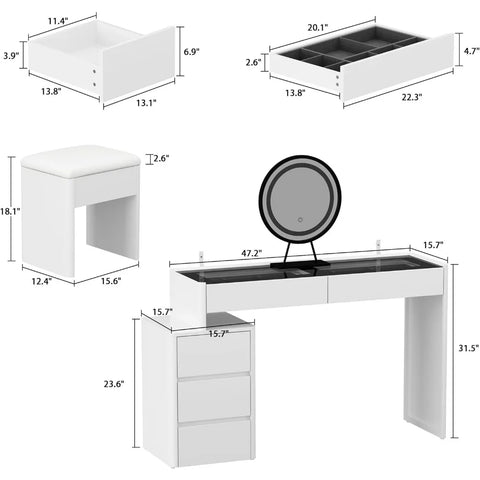 Makeup Vanity Desk Set with Lighted Mirror, Glass Top & Drawer Organizer,Lots Storage and Movable Cabinet for Bedroom, White