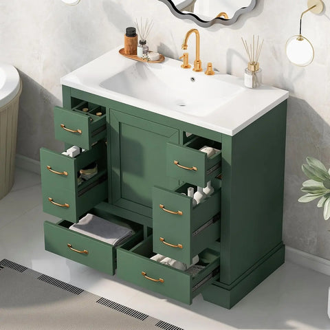 36" Bathroom Vanity with Sink ,6 Drawers & One Cabinet with Adjustable Shelf, Bathroom Cabinet with Ceramic Basin for Bathroom