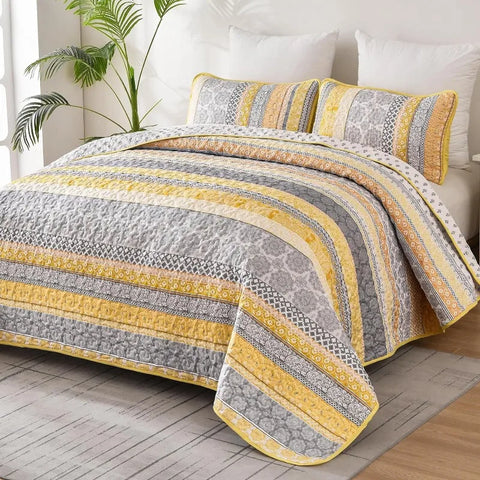 Boho Quilt Set , Yellow Bohemian 3 Pieces Quilt Sets, Lightweight Microfiber Bedspread Coverlet Bedding Set for All Season