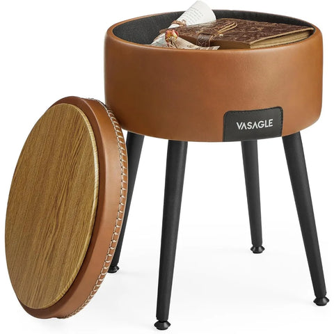 Storage Ottoman, Vanity Chair Stool, Synthetic Leather with Stitching, Mid-Century Modern, Round Storage Seat with Steel Legs