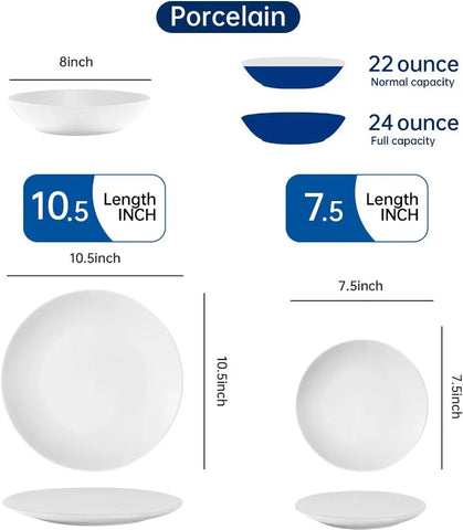 12 Piece Round Kitchen Dinnerware Set,Service for 4, Chip Resistant Porcelain