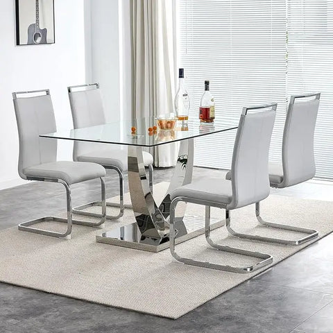 63” Glass Dining Table Set for 4,Modern Dining Room Table Set for 4,Kitchen Table and PU Leather Chairs for 4, Glass Top