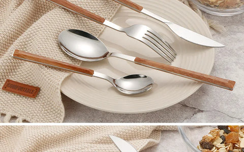 4Pcs 304 Stainless Steel Dinnerware Sets Glossy Silver Wooden Tableware Western Food Knife Fork Teaspoon Cutleries