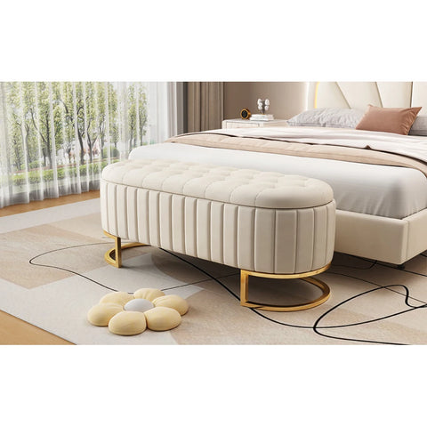 Upholstered Velvet Storage Ottoman,Storage Bench with Metal Legs and Button-Tufted for Bedroom,Living Room