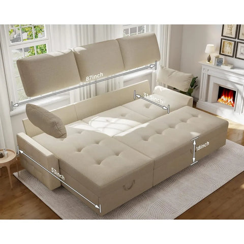 Pull Out Sofa Bed, Modern Tufted Convertible Sleeper Sofa, L Shaped Sofa Couch with Storage Chaise, Chenille Sectional Couch Bed