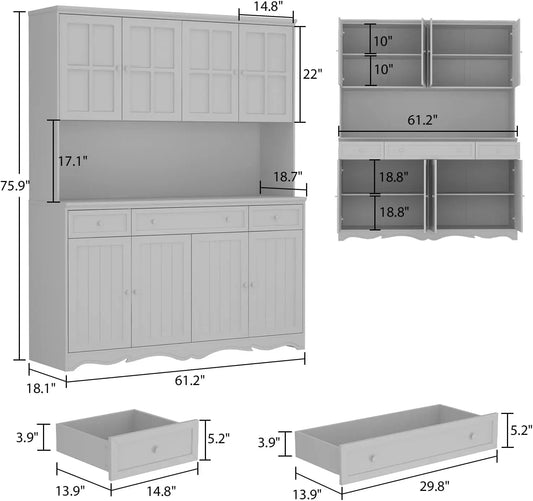 FUFU&GAGA 75.9" Tall Kitchen Pantry Cabinet with 5 Tiers Shelf, 8 Doors & 3 Drawers & Microwave Stand, Freestanding Hutch Cabine