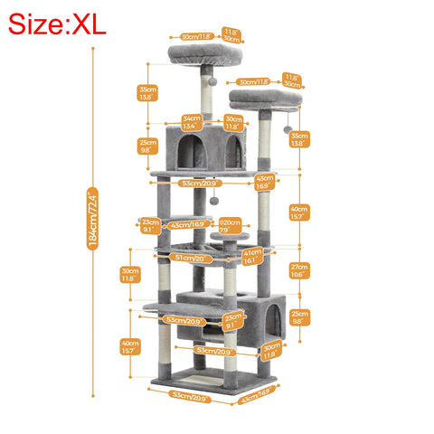 H184CM Large Cat Tower with Sisal Scratching Posts Spacious Condo Perch Stable for Kitten Multi-Level Tower Indoor Cozy Hummocks