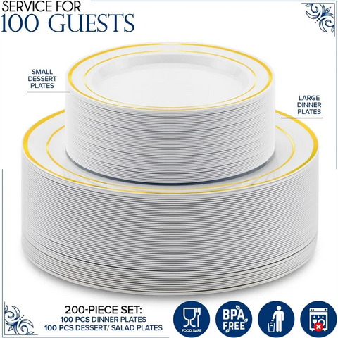 Dinner and Dessert Plates Set Disposable (200 Pieces) 10" + 7" White and Silver Plastic Plates for Party 100 Guest