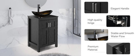 24 inch Bathroom Vanity Set - Combo MDF Sink Cabinet Vanity with Counter Top Glass Vessel Sink Vanity and 1.5 GPM Faucet