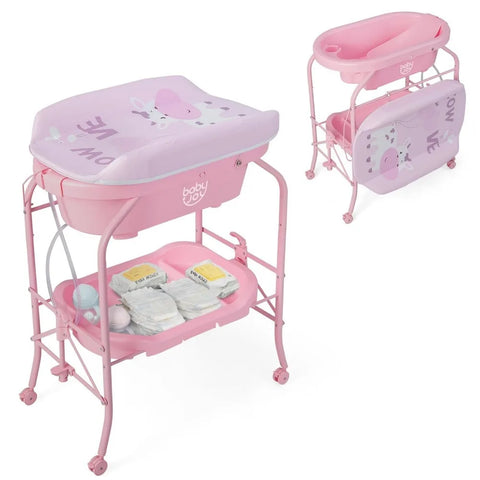 BABY JOY Baby Bathtub with Changing Table, Foldable Infant Diaper Changing Station with Storage Tray, Waterproof Pad, Portable