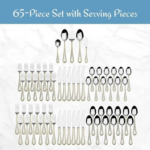 Regent Bead Gold 65-Piece Stainless Steel Flatware Set French Tableware Service for 12 Dinnerware Sets Utensils for Kitchen Fork