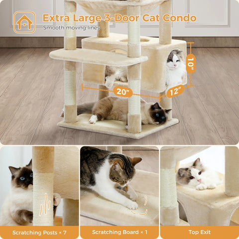 H184CM Large Cat Tower with Sisal Scratching Posts Spacious Condo Perch Stable for Kitten Multi-Level Tower Indoor Cozy Hummocks