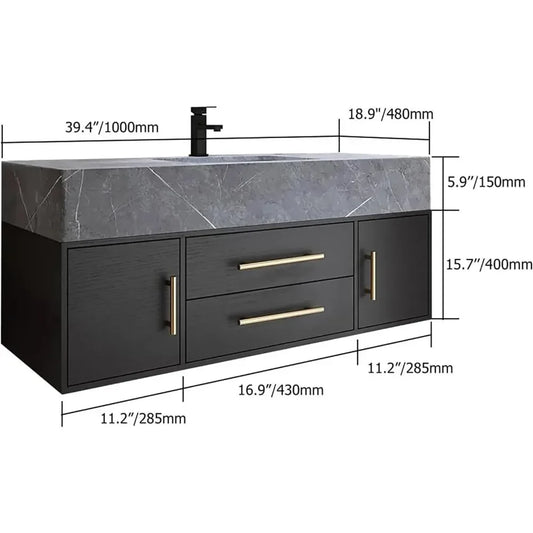 Floating Vanitys,Modern 39" White Floating Bathrooms Vanity Set Stone Top Wall Mounted Bathroom Cabinet (Black),Bathroom Dresser