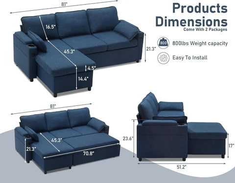 Sofa Bed Pull Out 2 in 1 Sectional Sleeper Couches w/ Storage,USB,Cup Holder,Pullout Sectional Couches for Apartment Living Room