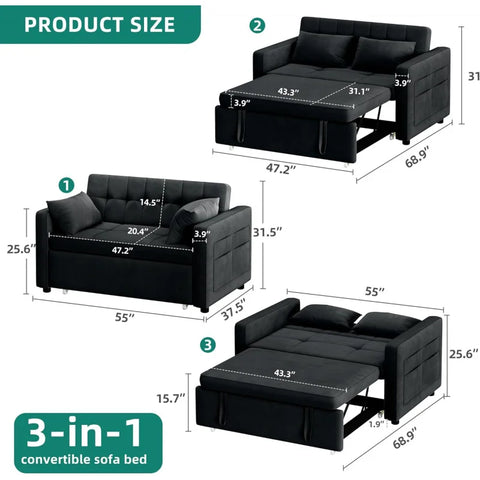 55" Convertible Sofa Bed,3-in-1 Sleeper Sofa with Pull-Out Bed,Velvet Futon Couch Reclining Backrest and Side Pocket,Modern