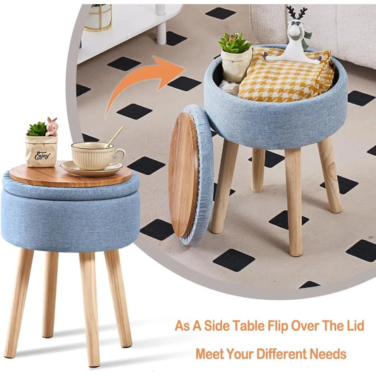 Storage Ottoman Foot Stool Linen Round Vanity Stool Tray Top Footstool with Wood Legs Multifunctional Upholstered Foot Rest