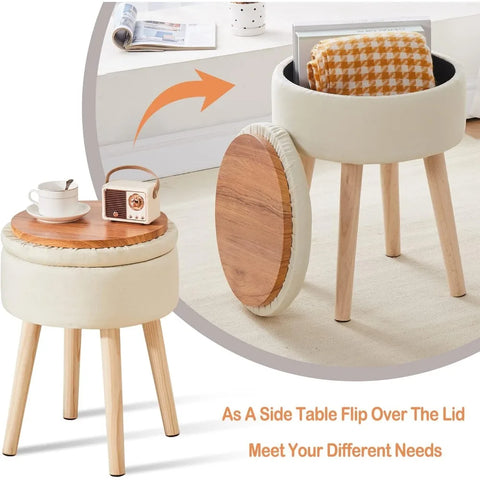 Ottoman storage linen circular dressing table stool, modern multi-functional cushioned footstool with wooden legs